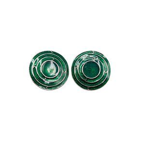 Berebi Vintage Green Enamel Silver Tone Round Clip-On Earrings 1" Diameter